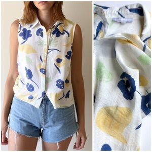 Vintage‎ Sleeveless Blue Yellow Watercolour Artistic Floral  Button Up Blouse